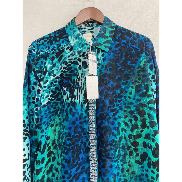 Chico's NWT Watercolor Spots Rhinestone Trim Sheer Blouse Women's 2 L Teal Blue - Picture 4 of 11